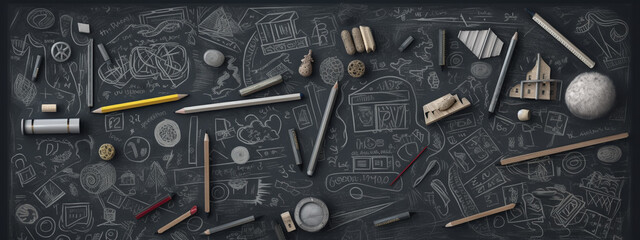 Education concept. a chalkboard with drawing school supplies. generative ai.
