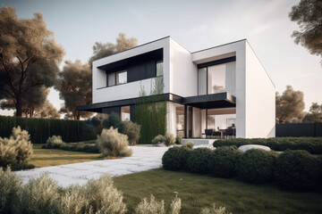 Obraz na płótnie Canvas modern villa with lawn stock photo, generative AI