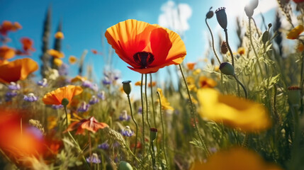 Obraz premium Nature's Tapestry: Poppies, Butterfly, and the Azure Sky. Generative AI
