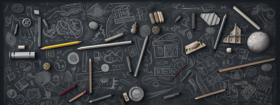 Education concept. a chalkboard with drawing school supplies. generative ai.
