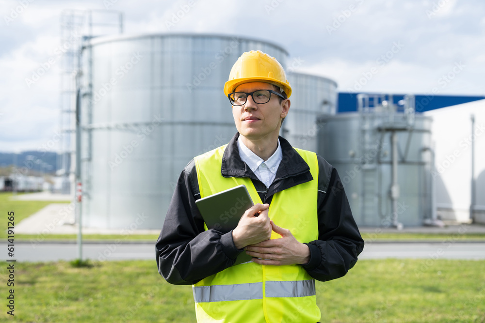 Poster engineer with digital tablet on a background of gas tanks