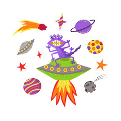 Vector set of space elements. UFO, alien, spaceship, comet, planets, stars, space, asteroid, bolide. Comic cartoon illustrations isolated on white.   Concepts for children print.