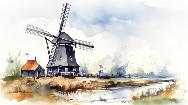 a beautiful painting of a windmill painted in watercolor