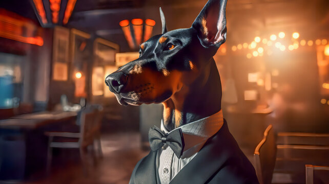 Dobermann in Anzug und Krawatte als Businessman. Generiert mit KI