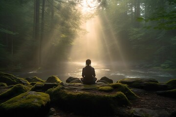 A person meditating in a tranquil forest, embodying psychological safety through inner peace and connection with nature.