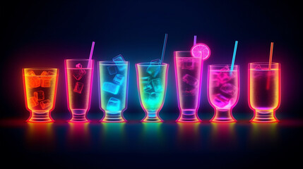 7 neon Cocktails Drinks mit Dekofrüchten und Strohhalm in Neonfarben und Neonlicht. Generative Ai. 