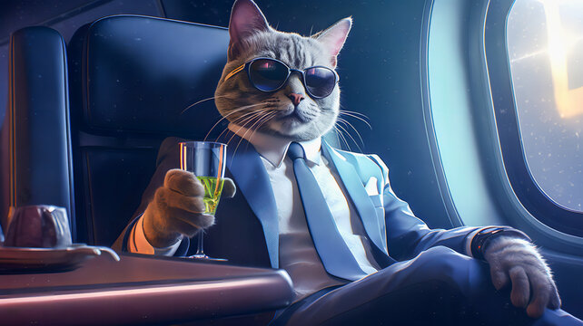 Katze in Anzug und Krawatte arbeitetet als Businessman. Generiert mit KI