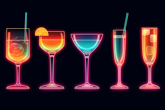 5 neon Cocktails Drinks mit Dekofrüchten und Strohhalm in Neonfarben und Neonlicht. Generative Ai. 