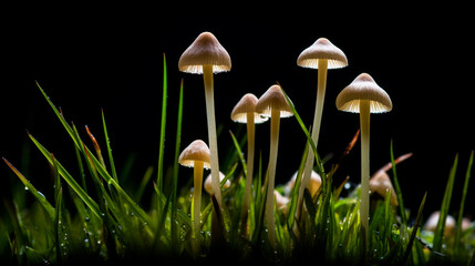 Image of closeup of small thin glassy fresh mushrooms growing on dew against black background on blurred grassy lawn. Generative AI
