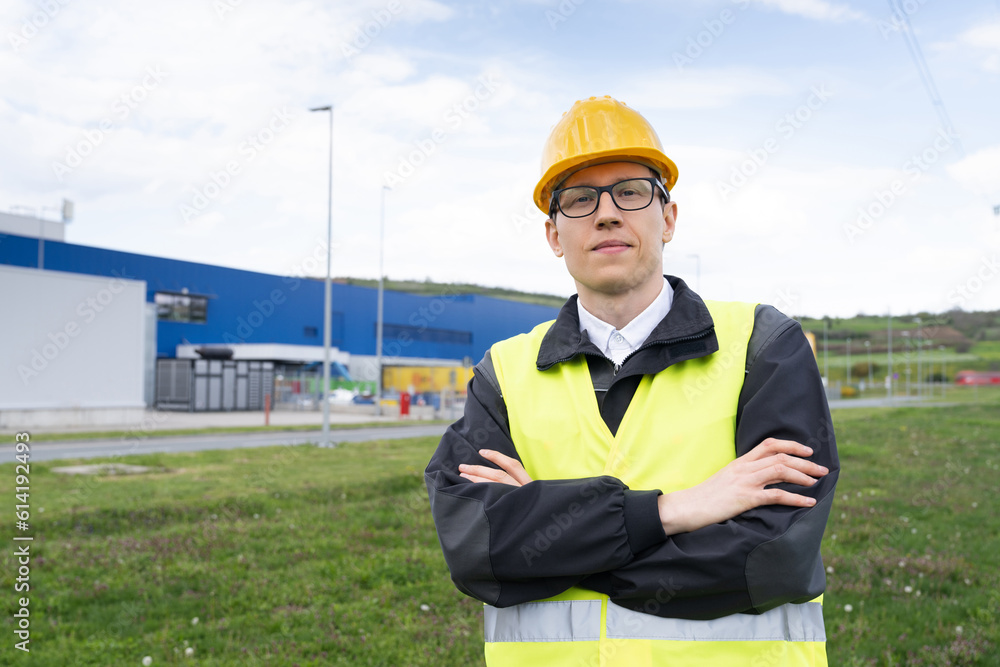 Poster portrait of engineer in helmet and glasses.