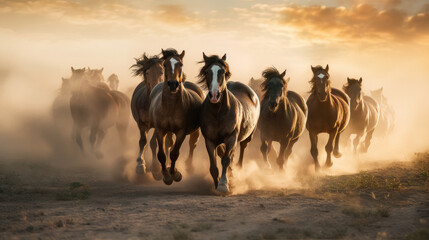 Thundering Hooves: Majestic Horses Galloping Amidst a Dusty Landscape. Generative AI