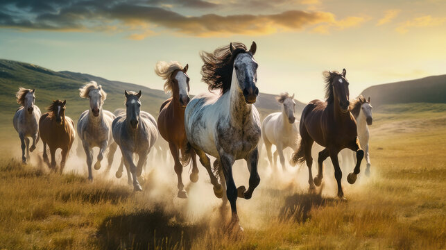 Galloping Symphony: Majestic Horses in Harmonious Motion. Generative AI