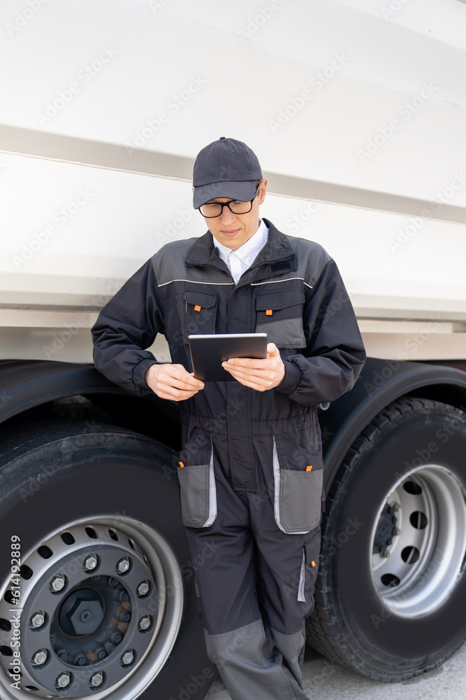Poster Manager with a digital tablet next to garbage truck..