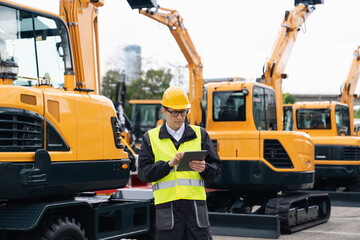 Engineer in a helmet with a digital tablet stands next to construction excavators.