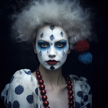 portrait of person with blue and white clown, harlequin makeup. Generative AI image.