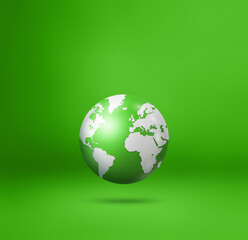 World globe, earth map, isolated on green. Square background