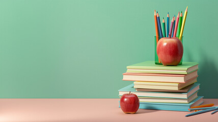 back to school concept with books, pencil and apple. generative ai.