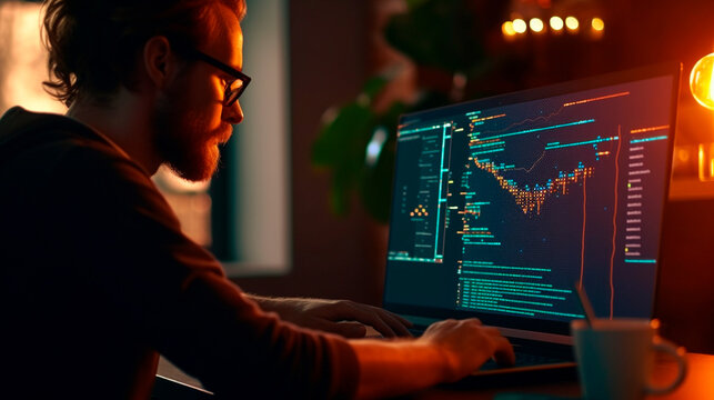 Software development concept. Coding programmer, software engineer working on laptop with javascript computer code on virtual screen, internet of things IoT, digital technology. Generative AI