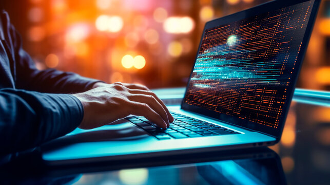 Software development concept. Coding programmer, software engineer working on laptop with javascript computer code on virtual screen, internet of things IoT, digital technology. Generative AI
