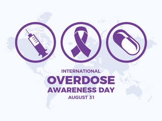 International Overdose Awareness Day vector illustration. Purple awareness ribbon, syringe, drugs round icon set vector. August 31 each year. Important day