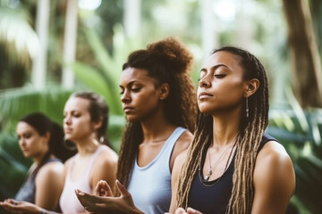 Fototapeta premium Group of mix race women practicing yoga in the botanical garden, close up