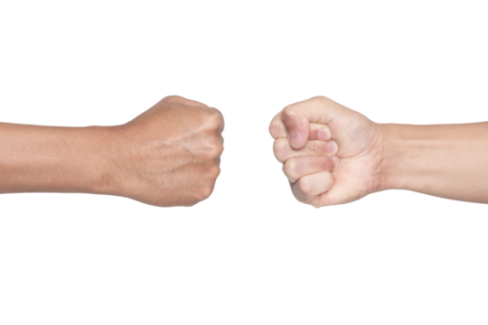2 fists bumping each other isolated on white background with clipping path. Fight concept.