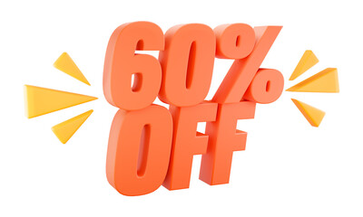 60% off, sixty percent off, sales and promotion concept, red numbers with yellow graphics around, png image in 3d rendering