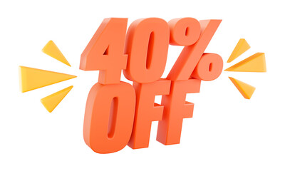 40% off, forty percent off, sales and promotion concept, red numbers with yellow graphics around, png image in 3d rendering