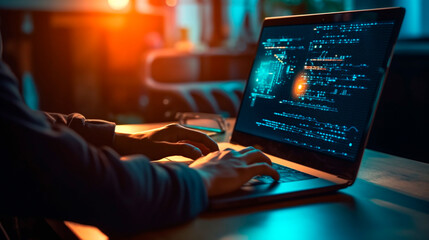 Software development concept. Coding programmer, software engineer working on laptop with javascript computer code on virtual screen, internet of things IoT, digital technology. Generative AI