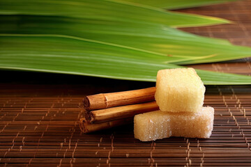 Fototapeta na wymiar Sugar and Sugar cane on leaf and wooden background