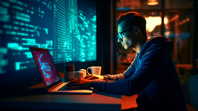 Software development concept. Coding programmer, software engineer working on laptop with javascript computer code on virtual screen, internet of things IoT, digital technology. Generative AI