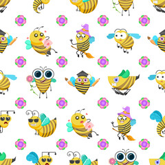 Seamless Pattern Abstract Elements Different Bee Insect Beetle With Flower Vector Design Style Background Illustration Texture For Prints Textiles, Clothing, Gift Wrap, Wallpaper, Pastel