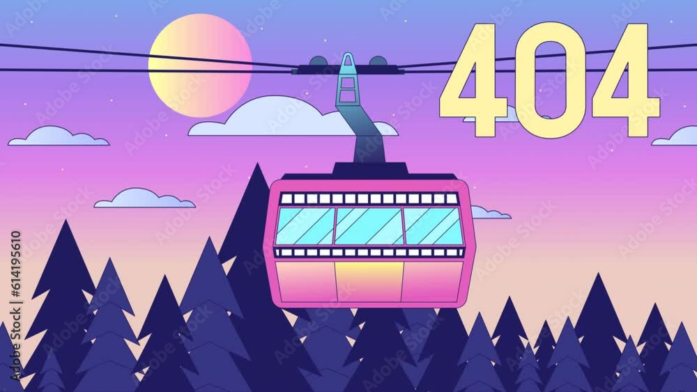 Poster cableway sunrise 404 error animation. ropeway above forest skyline. empty state 4k video concept, al