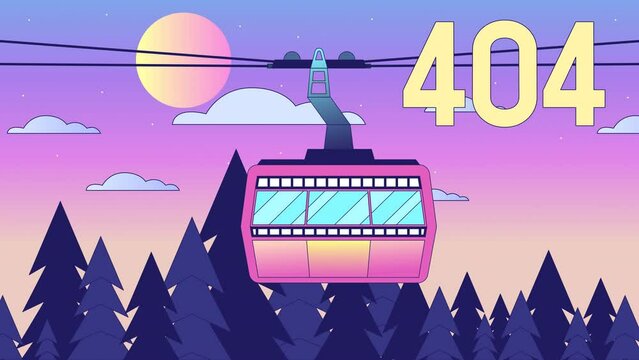 Cableway sunrise 404 error animation. Ropeway above forest skyline. Empty state 4K video concept, alpha channel transparency. Animated lofi background. Colour page not found for UI, UX web design
