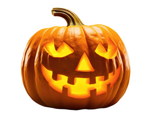 Halloween pumpkin with a carved smile. Jack-o-lantern with an evil smile isolated against a transparent background. Glowing autumn decoration.