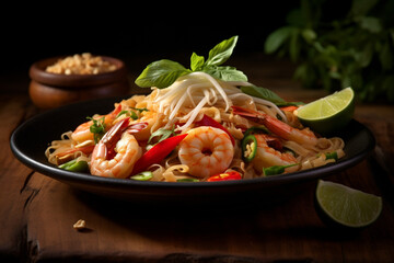 Pad Thai with prawns and vegetables on wooden table. By Generative AI