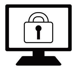 モノクロのパソコン画面に鍵アイコンのシンプルなイラスト素材