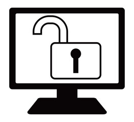 モノクロのパソコン画面に開錠された鍵のハッキングイメージのイラスト素材