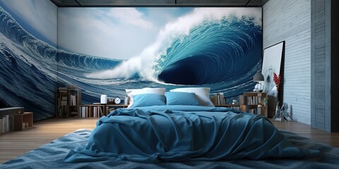 Concept of blanket made of an ocean wave on the bed, indoors, concept of Fluidity, created with Generative AI technology
