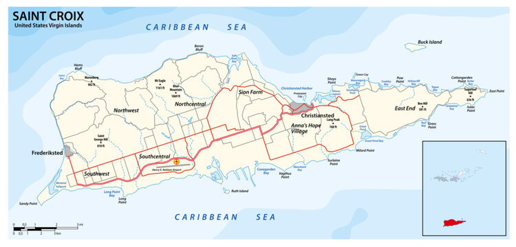 Road map of the caribbean island of Saint Croix, Virgin Islands, United States