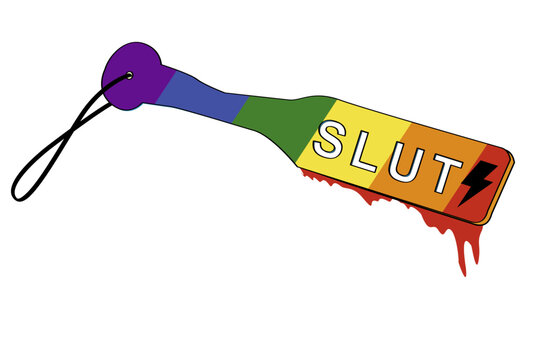 Slut. Spanking paddle bondage design with rainbow colors. Vector illustration for gay pride day. Fetish art.