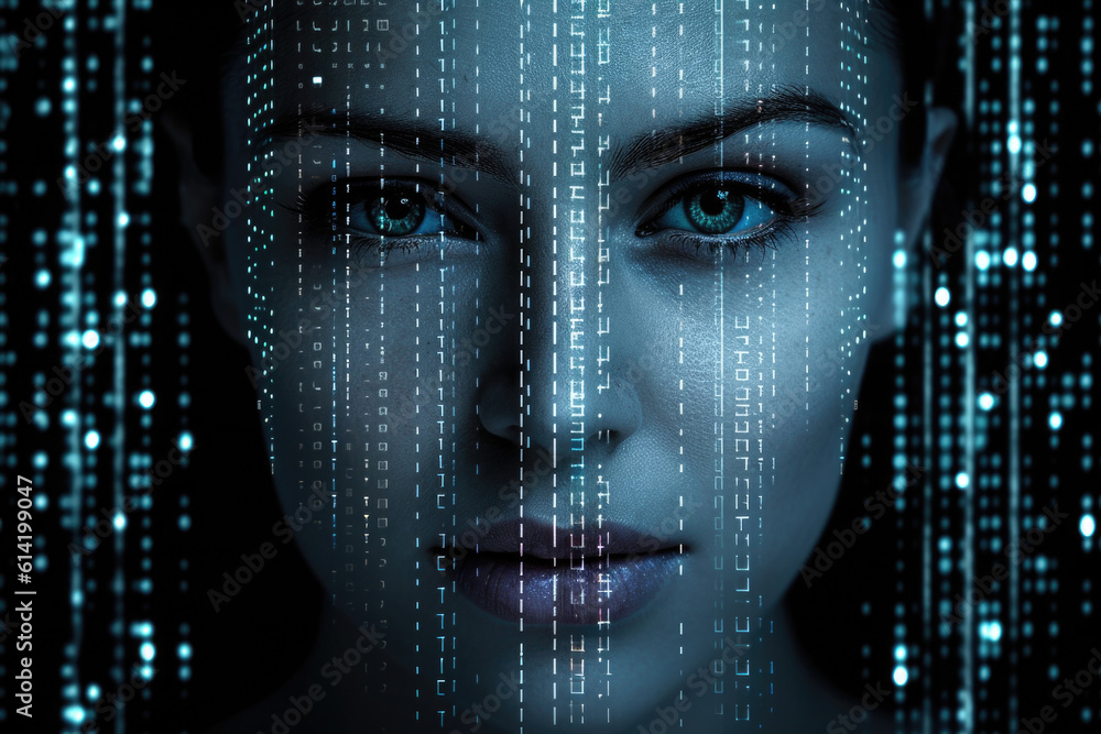 Poster digital hologram of female face looking from futuristic screen. interaction with artificial intellig