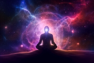 State of mind concept. Transcendental chakras space meditation human silhouette. Cosmic background. Generative AI