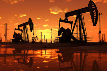 Silhouette of oil pumps at sunset. Pumping oil from drilling rigs. The concept of the energy crisis in the world. Oil production and fossil resources. Created with Generative AI