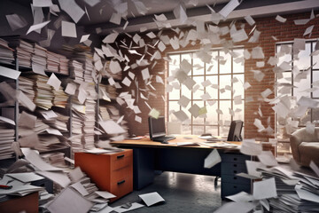 Clutter and chaos in office. Scattered documents fly over the workplace. Stress in business. Bureaucracy and paperwork. Created with Generative AI - obrazy, fototapety, plakaty