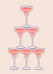 Cocktail glasses pyramid. Sparkling wine, cocktail tower postcard for web and print. Party invitation with glass tower line art vector illustration.