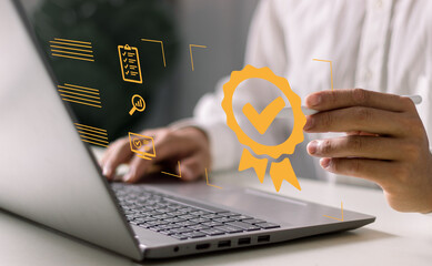 top-quality service guarantee and ISO certification and  Sign of the top service Quality assurance, certification and standardization concept, satisfaction, service experience..