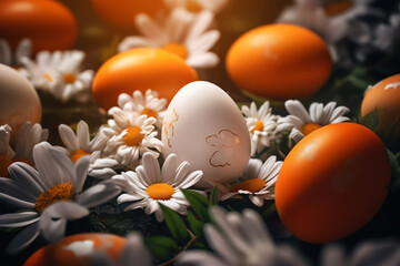 Blank space in the middle surrounded by easter color orange daisy background, AI Generated Art.		