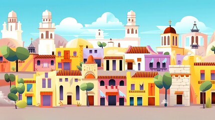Fototapeta premium Mexican town buildings as cute cartoon background (Generative AI)