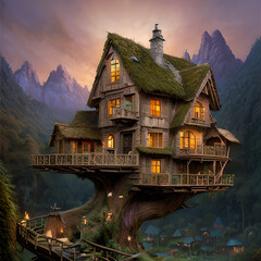Obraz premium Fairy house, fantasy house, fantasy, comfort, fairy tale, dream, dream house, mystical, Generative AI